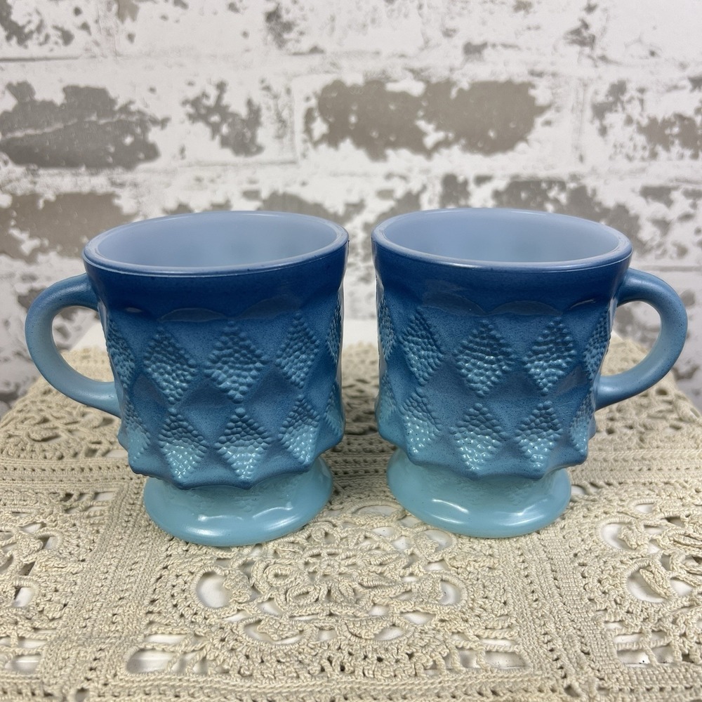 Set Of 2 Fire King Kimberly Coffee Cups Turquoise Blue Ombré Diamond Texture USA